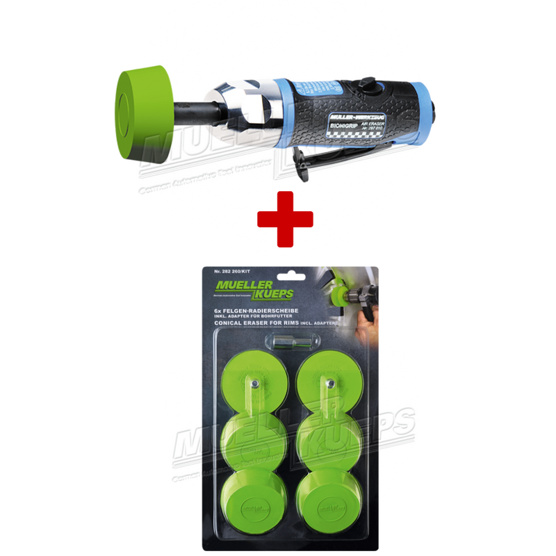 Plak-rest verwijderaar machine + Plakgewicht verwijderschijf set conisch, 6 stuks met adapter