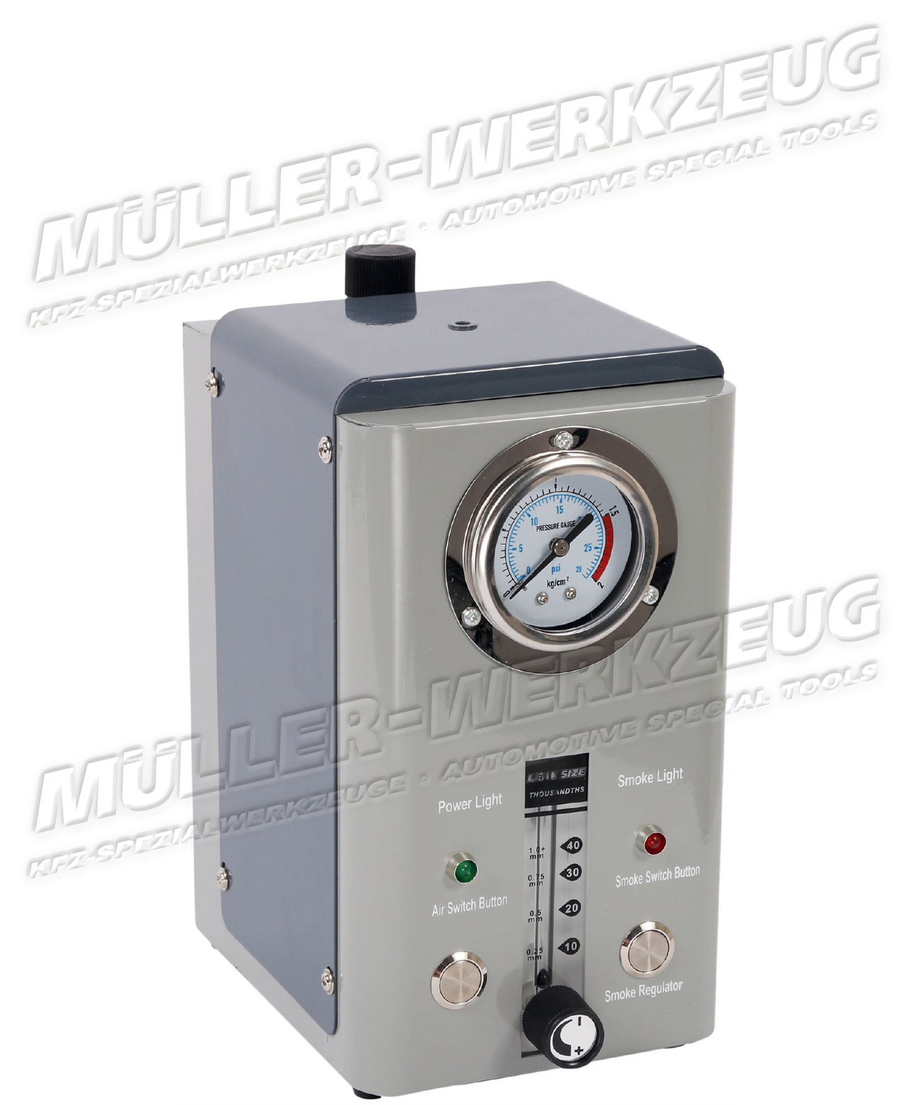 Leakage detector/smoke machine with flow and pressure meter and built-in compressor 12 Volt