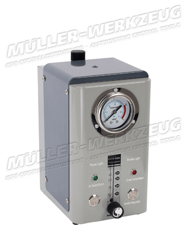 Lekkagezoeker/ rookmachine met flow en druk meter en ingebouwde compressor 12 Volt - Mueller-Werkzeug-Benelux
