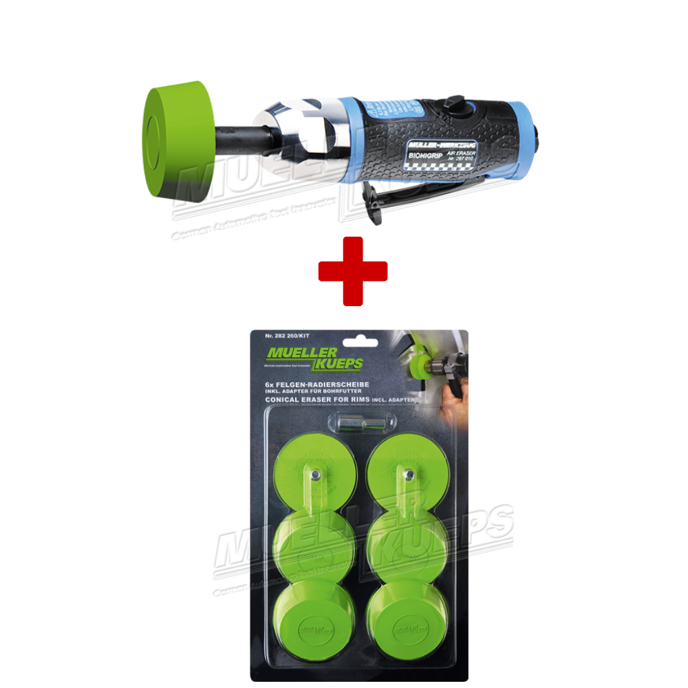 Plak-rest verwijderaar machine + Plakgewicht verwijderschijf set conisch, 6 stuks met adapter