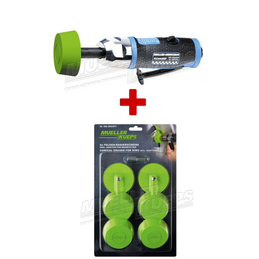 Plak-rest verwijderaar machine + Plakgewicht verwijderschijf set conisch, 6 stuks met adapter - Mueller-Werkzeug-Benelux